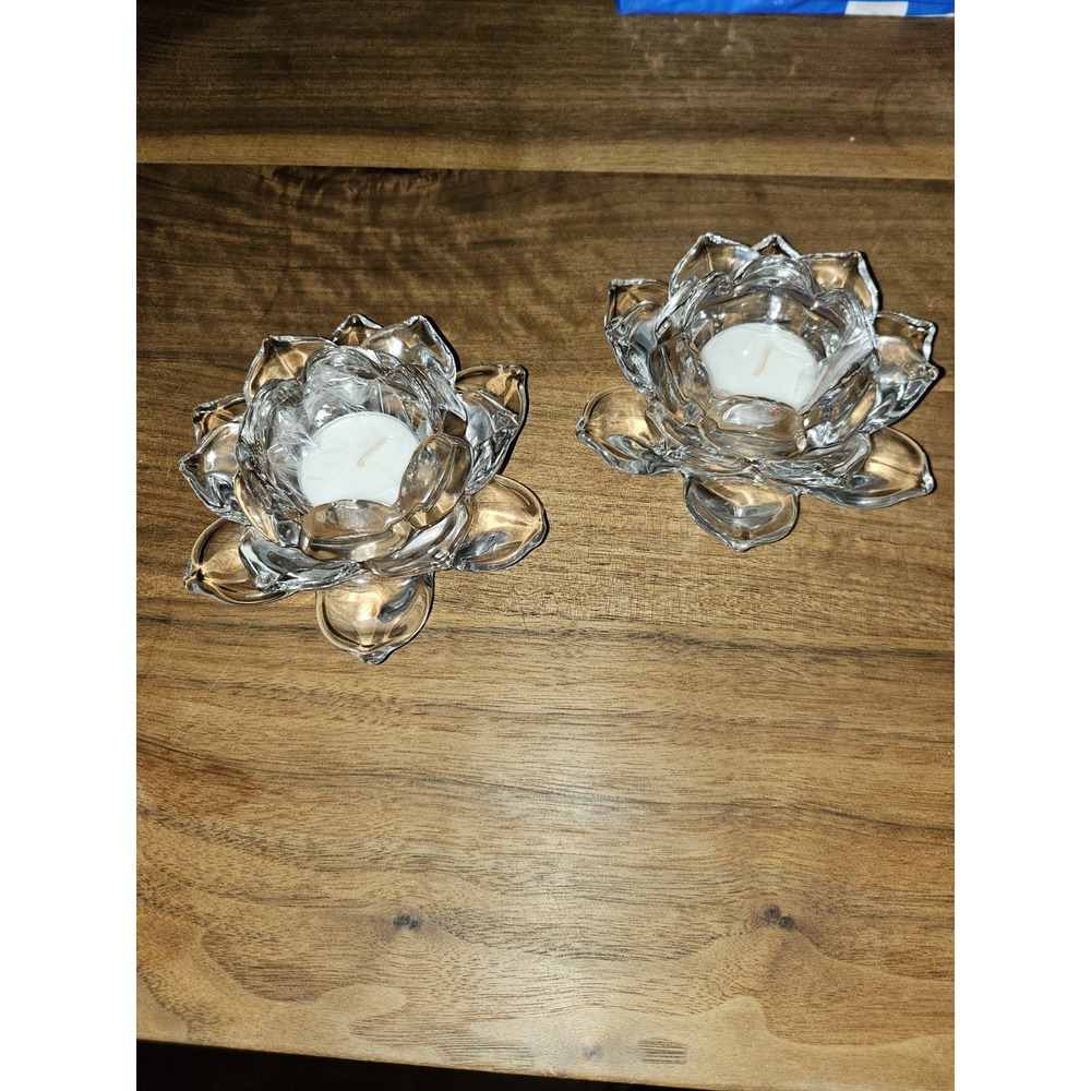 Vintage Glass Lotus Votive Holders. Pair. Heavy.